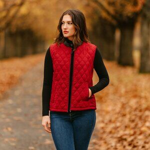 Zara Diamond Quilted Full Zip Vest Red Pockets 6518 452 800 Womens M